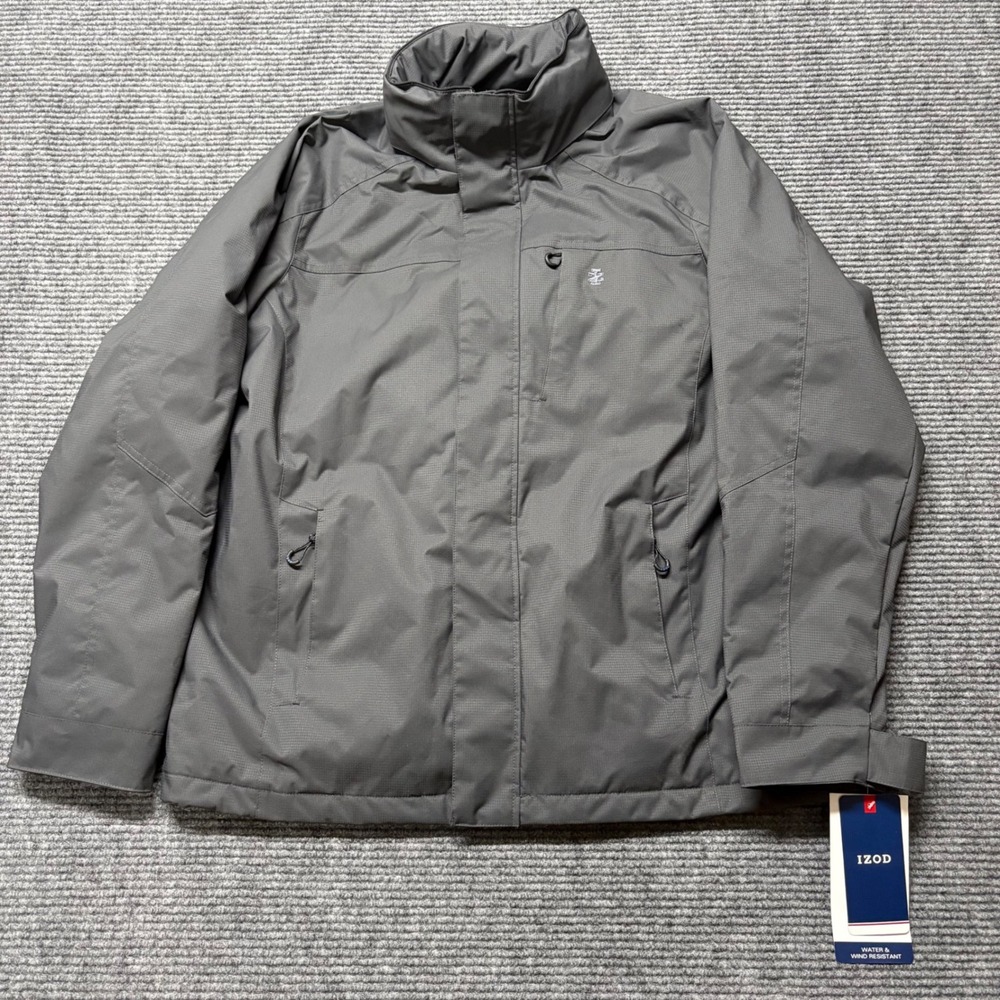 IZOD Men Water Wind Resistant Performance Jacket Gray Full Zip Fleece Line L NWT